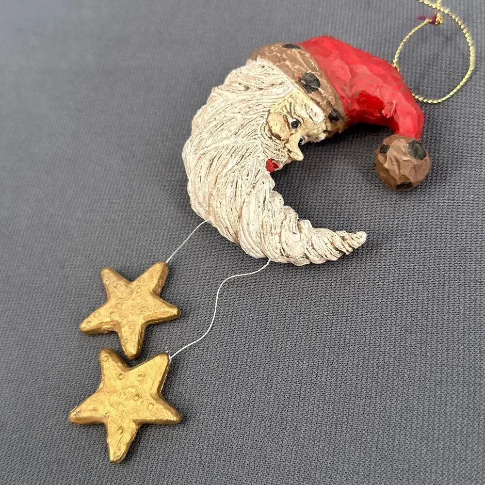 VTG Hand Painted Santa Face Ornament set 3 Red Hat Folk Art Moon Stars Resin 90s